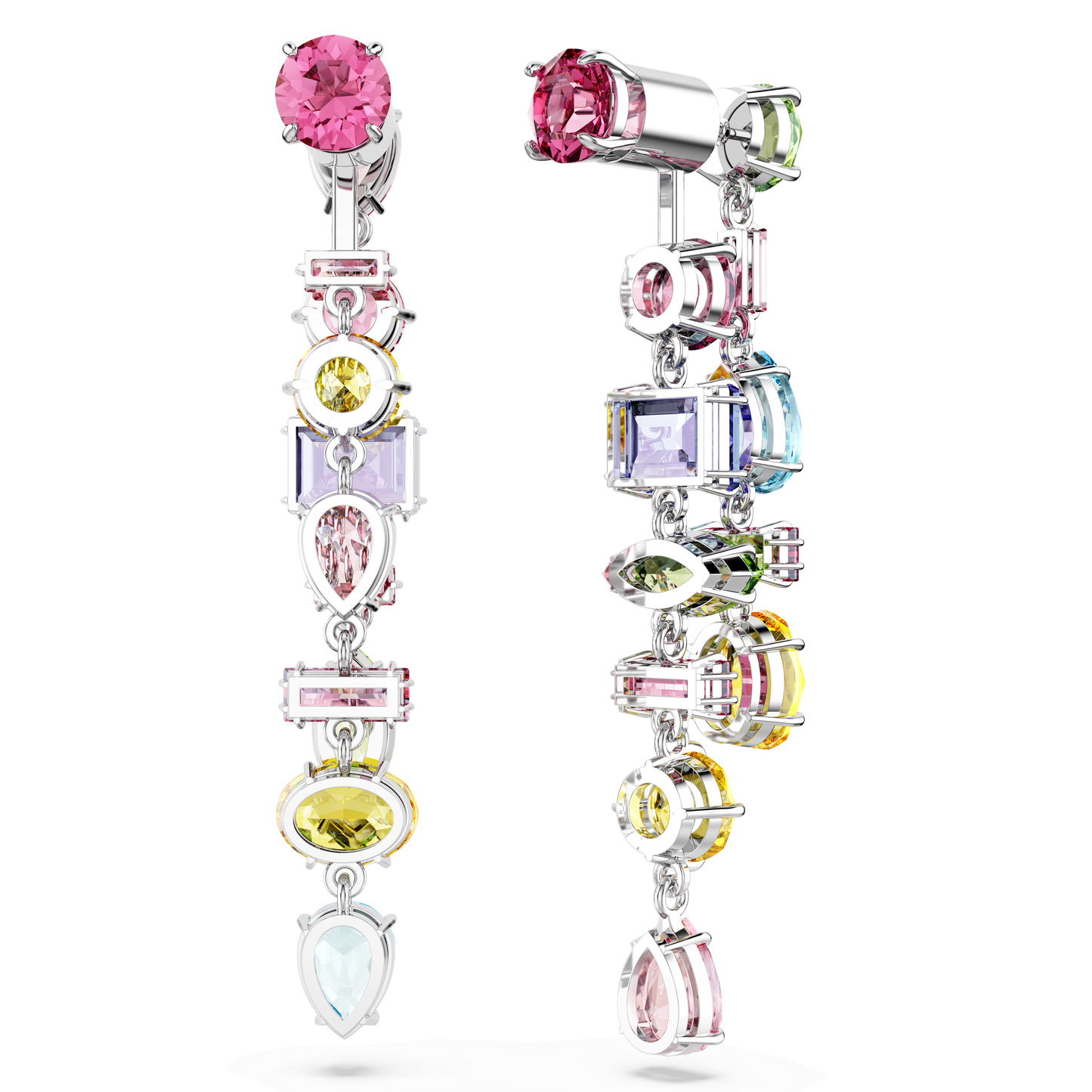 Gema drop earrings, Asymmetrical design, Mixed cuts, Long, Multicolored, Rhodium plated 5656417