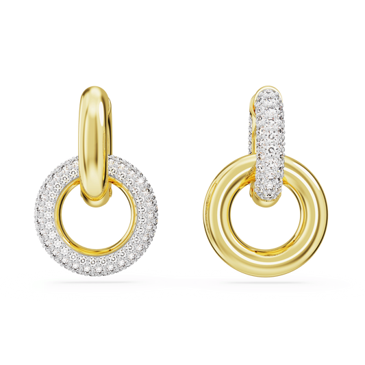 Dextera hoop earrings, Asymmetrical design, Interlocking loop, White, Gold-tone plated 5668818