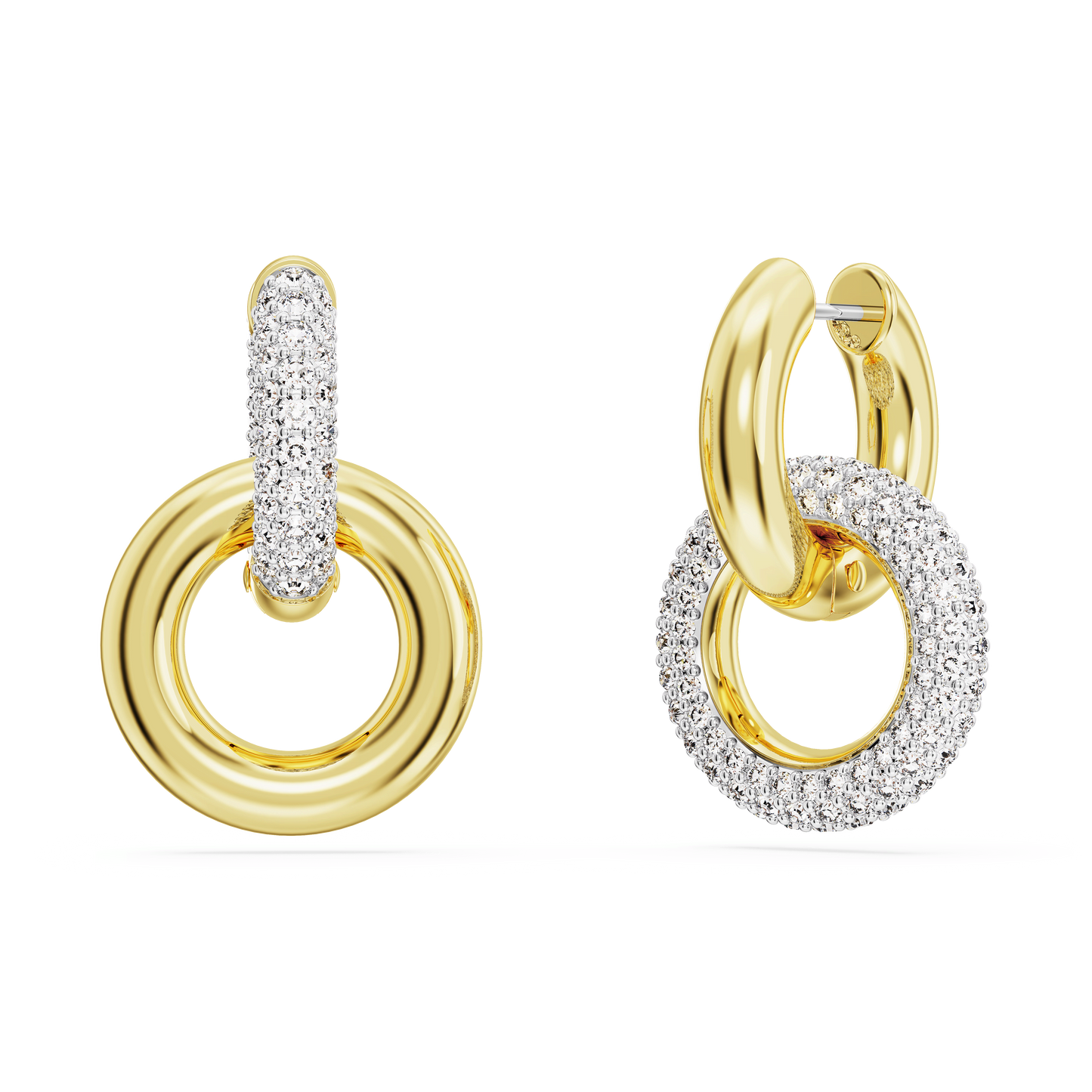Dextera hoop earrings, Asymmetrical design, Interlocking loop, White, Gold-tone plated 5668818