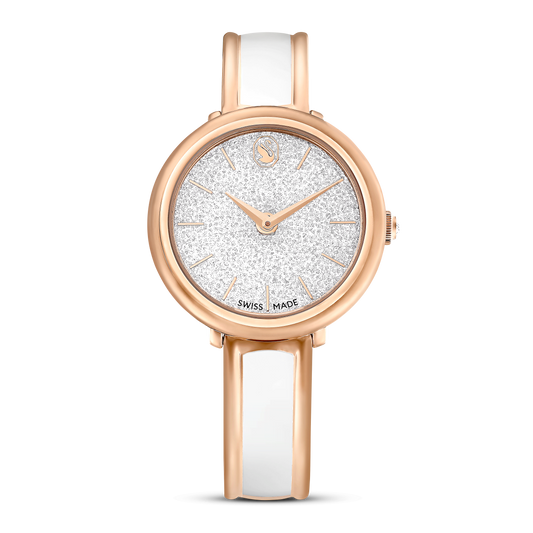 Crystalline bangle watch, Swiss Made, Metal bracelet, White, Rose gold-tone finish 5689324