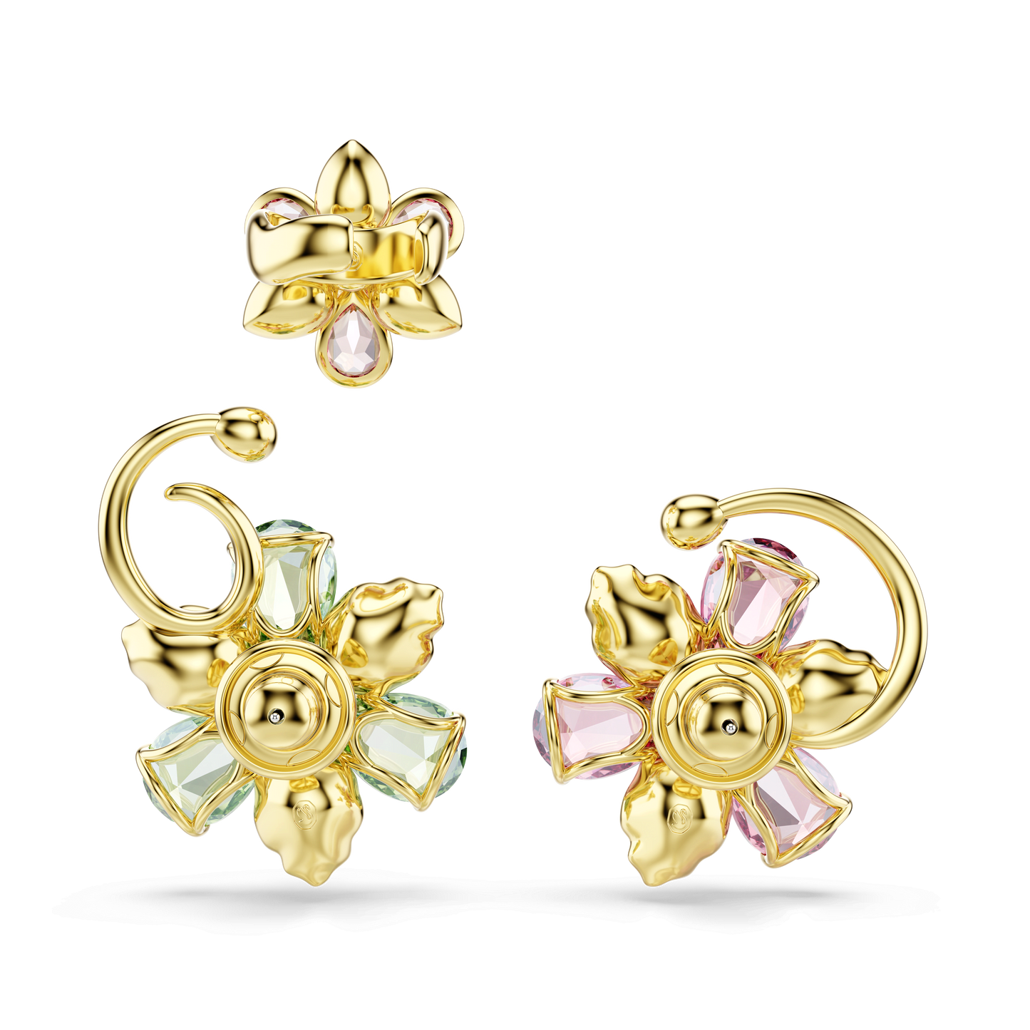 Idyllia ear cuff, Set (3), Asymmetrical design, Mixed cuts, Flower, Multicolored, Gold-tone plated 5709026