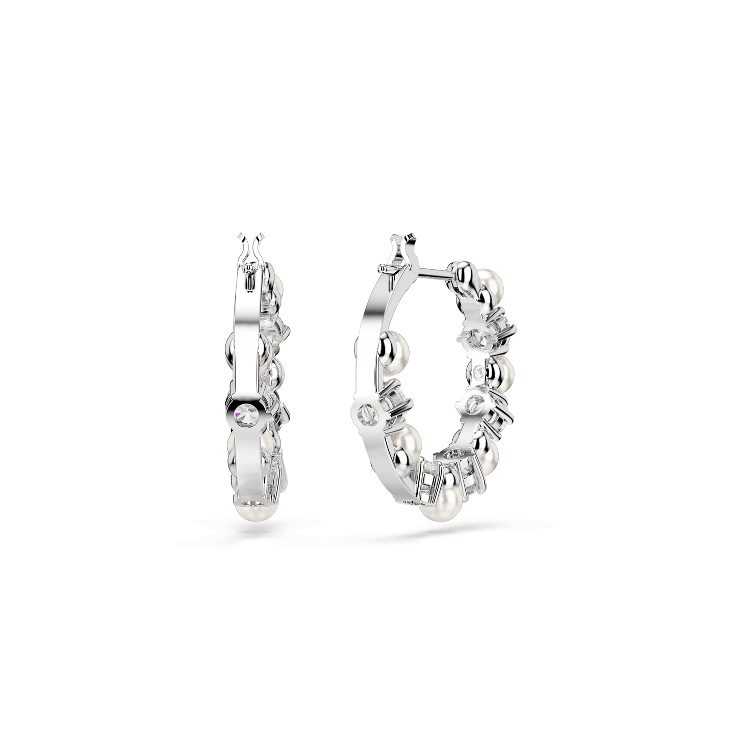 Matrix hoop earrings, Crystal pearl, Round cut, White, Rhodium plated 5709256