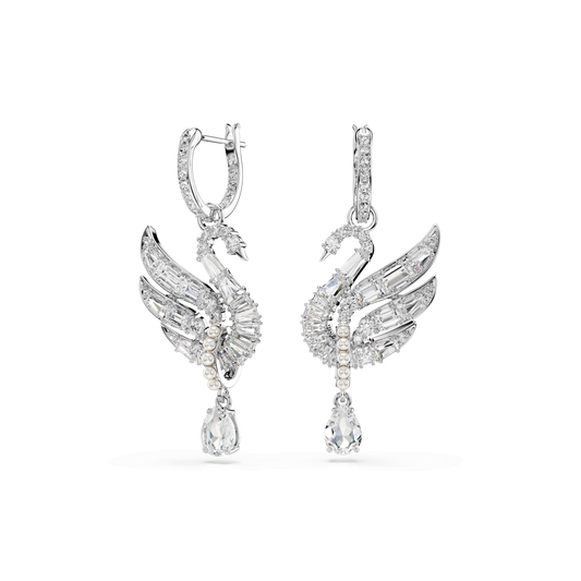 Swan earrings, Swan, White, Rhodium plated 5723388