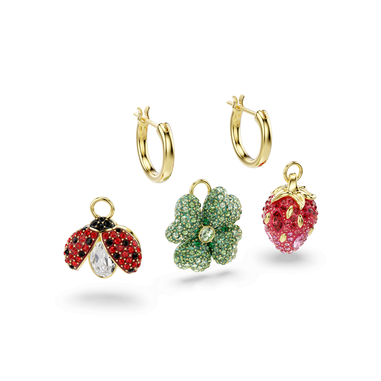 Idyllia drop earrings, Set (3), Ladybug, Clover, Strawberry, Multicolored, Gold-tone plated 5742681