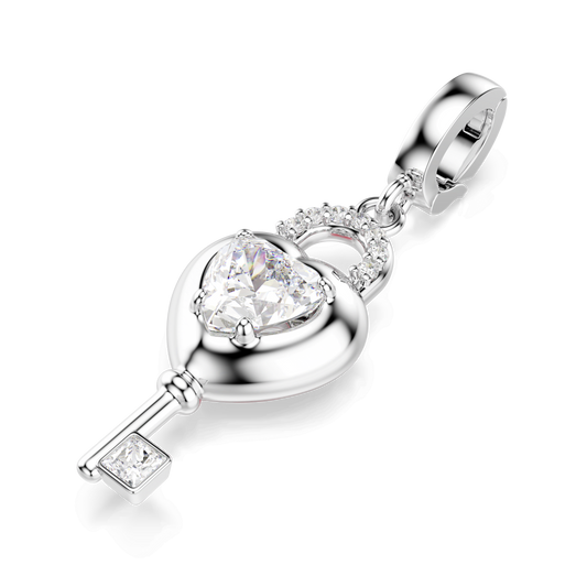 Idyllia charm, Mixed cuts, Heart with key, White, Rhodium plated