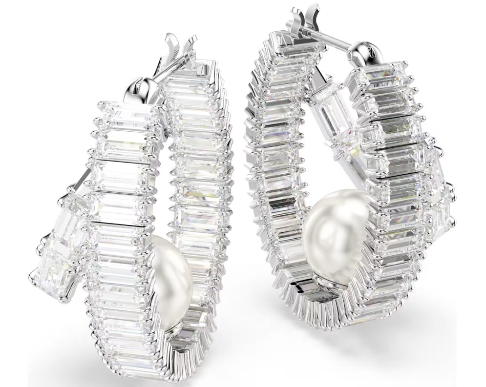 Ariana Grande x Swarovski hoop earrings Crystal pearl, Baguette cut, White, Rhodium plated