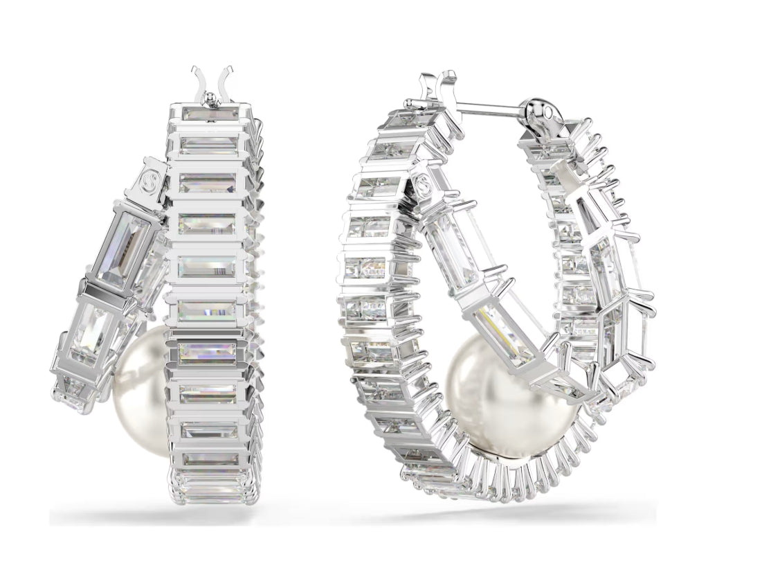 Ariana Grande x Swarovski hoop earrings Crystal pearl, Baguette cut, White, Rhodium plated