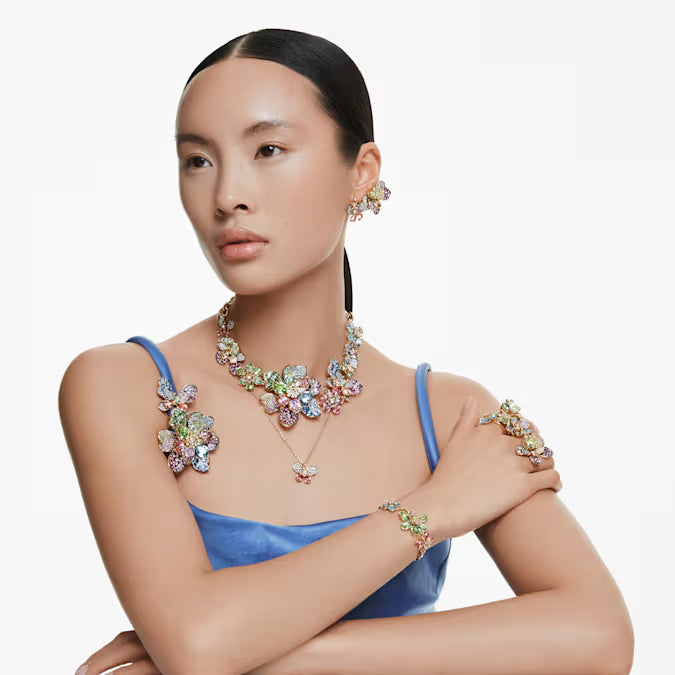Idyllia ring, Mixed cuts, Pavé, Flower, Multicolored, Gold-tone plated