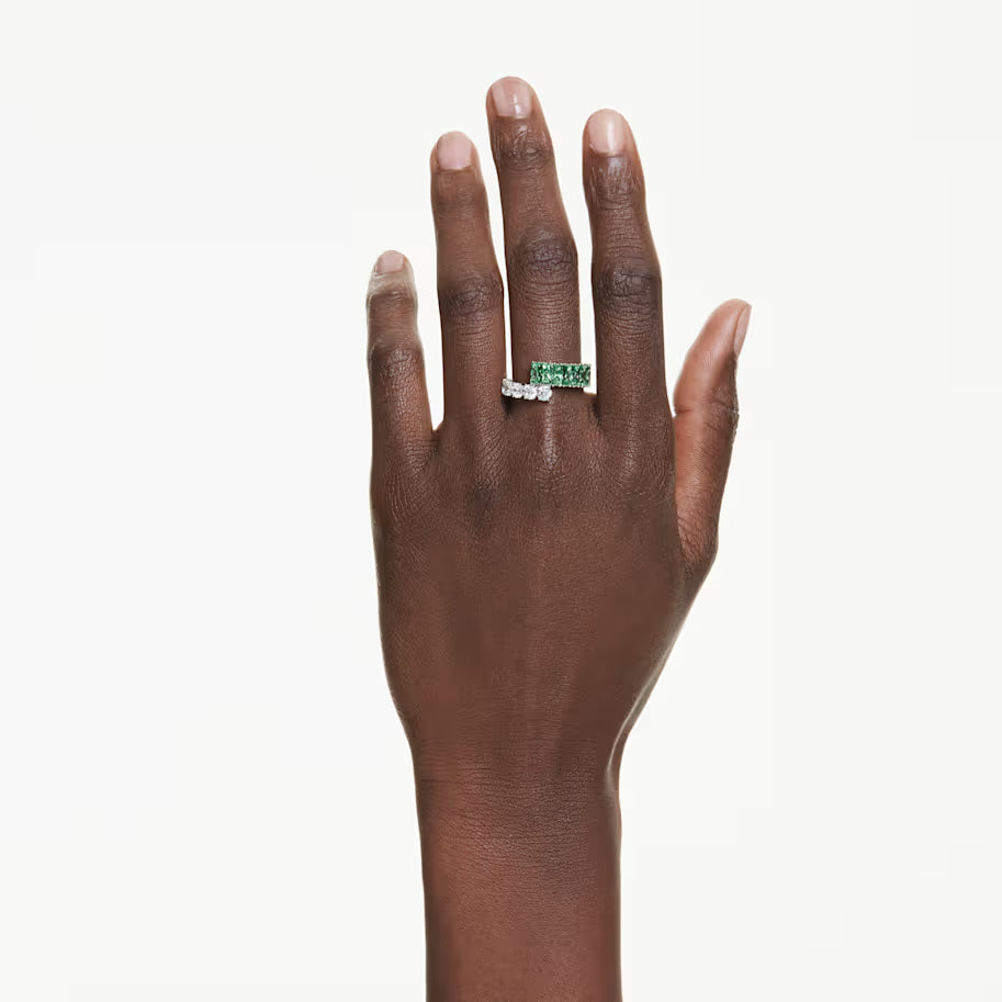 Matrix ring, Mixed cuts, Green, Rhodium plated
