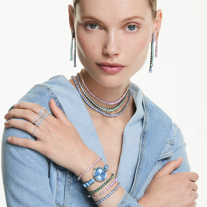 Matrix ring, Round cut, Blue, Rhodium plated