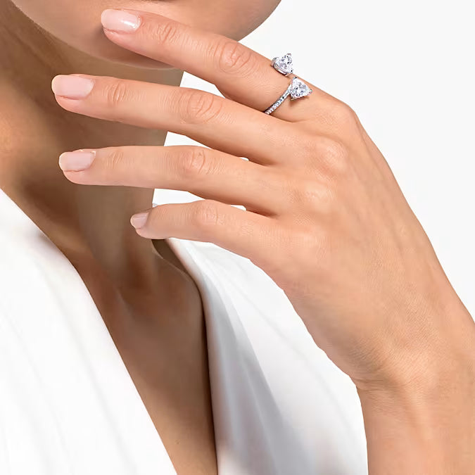 Mesmera open ring, Heart cut, Pavé, White, Rhodium plated