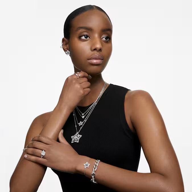 Stilla cocktail ring, Square cut, Pavé, White, Rhodium plated