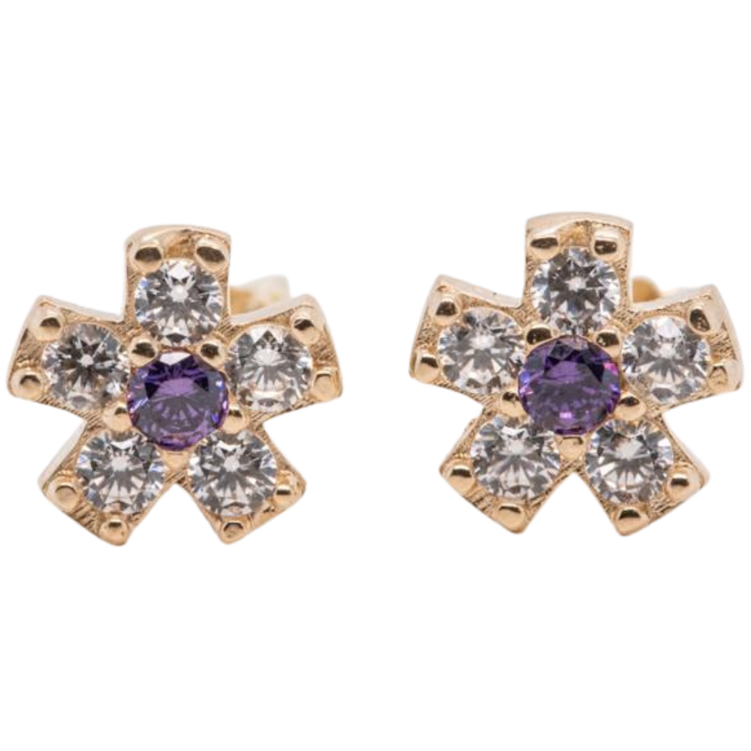 Purple CZ 14KT gold pushback earrings