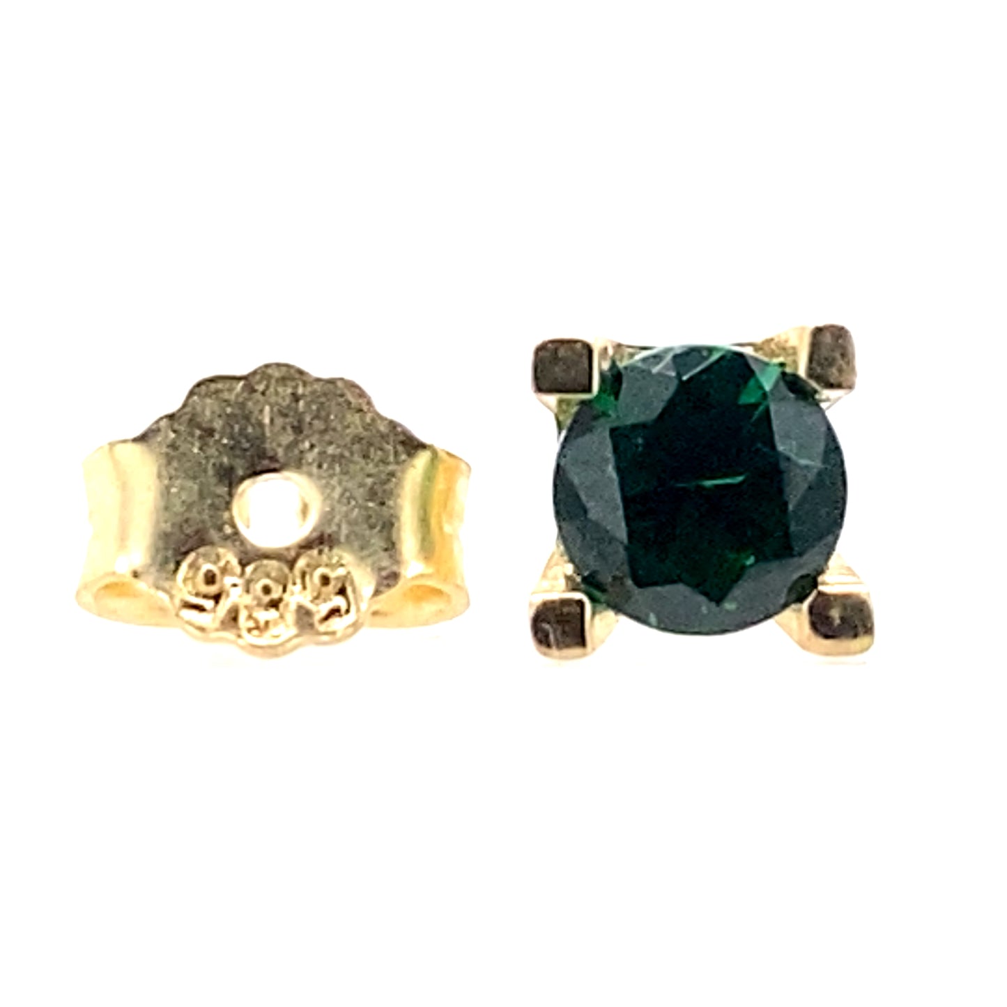Green colored 14 karat yellow gold pushback earrings view of the front and pushback