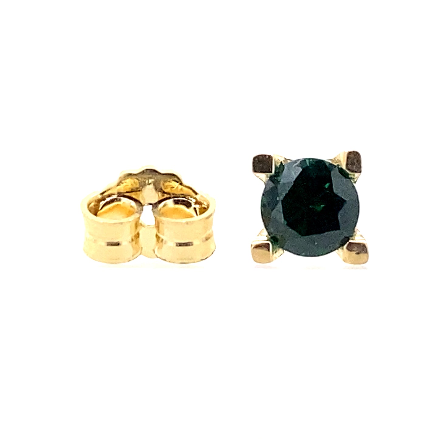 Green colored 14 karat yellow gold pushback earrings view of the front and back