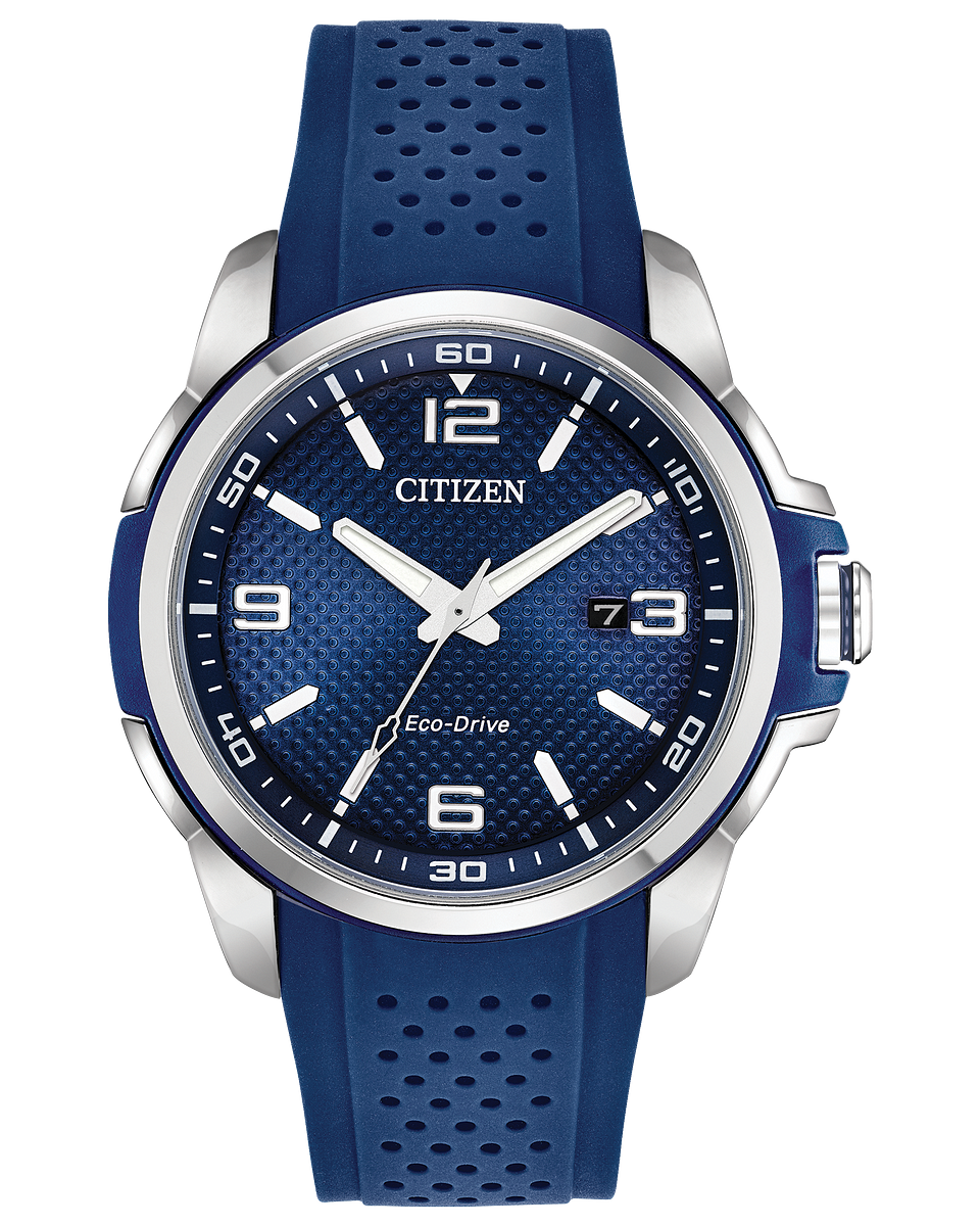 Citizen watch polyurethane blue strap stainless steel case with midnight blue chroma. Dark blue dial with date Eco-Drive model AW1158-05L