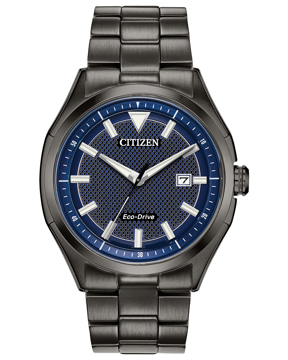 Citizen Eco-Drive watch gray stainless steel strap with blue dial and date tracker, model AW1147-52L