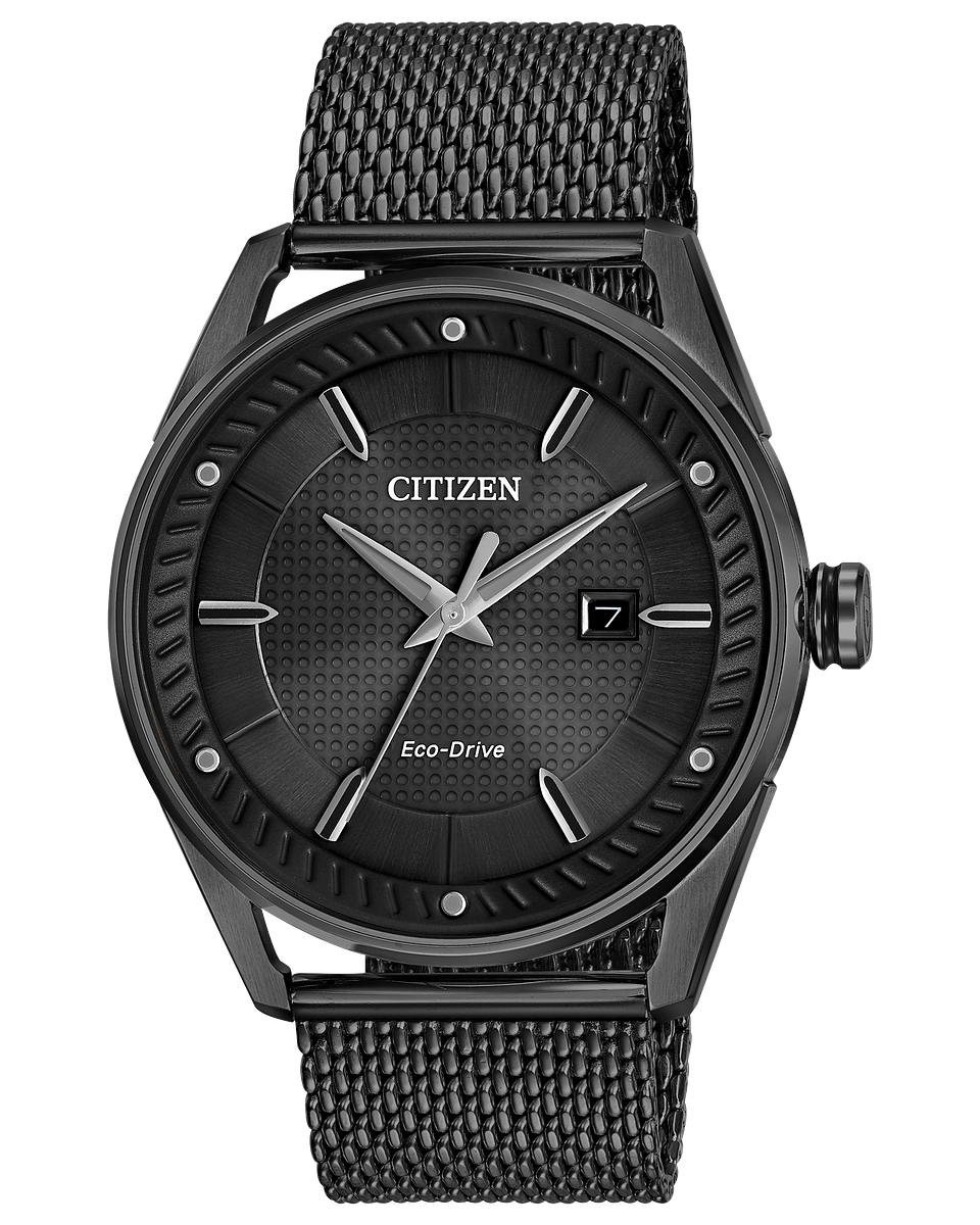 Citizen watch black-tone stainless steel case, black-tone Milanese mesh bracelet black dial with eco drive technology with date tracker model BM6988-57E