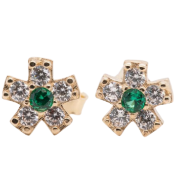 Green colored Cubic Zirconia pushback 14KT yellow gold earrings from the front