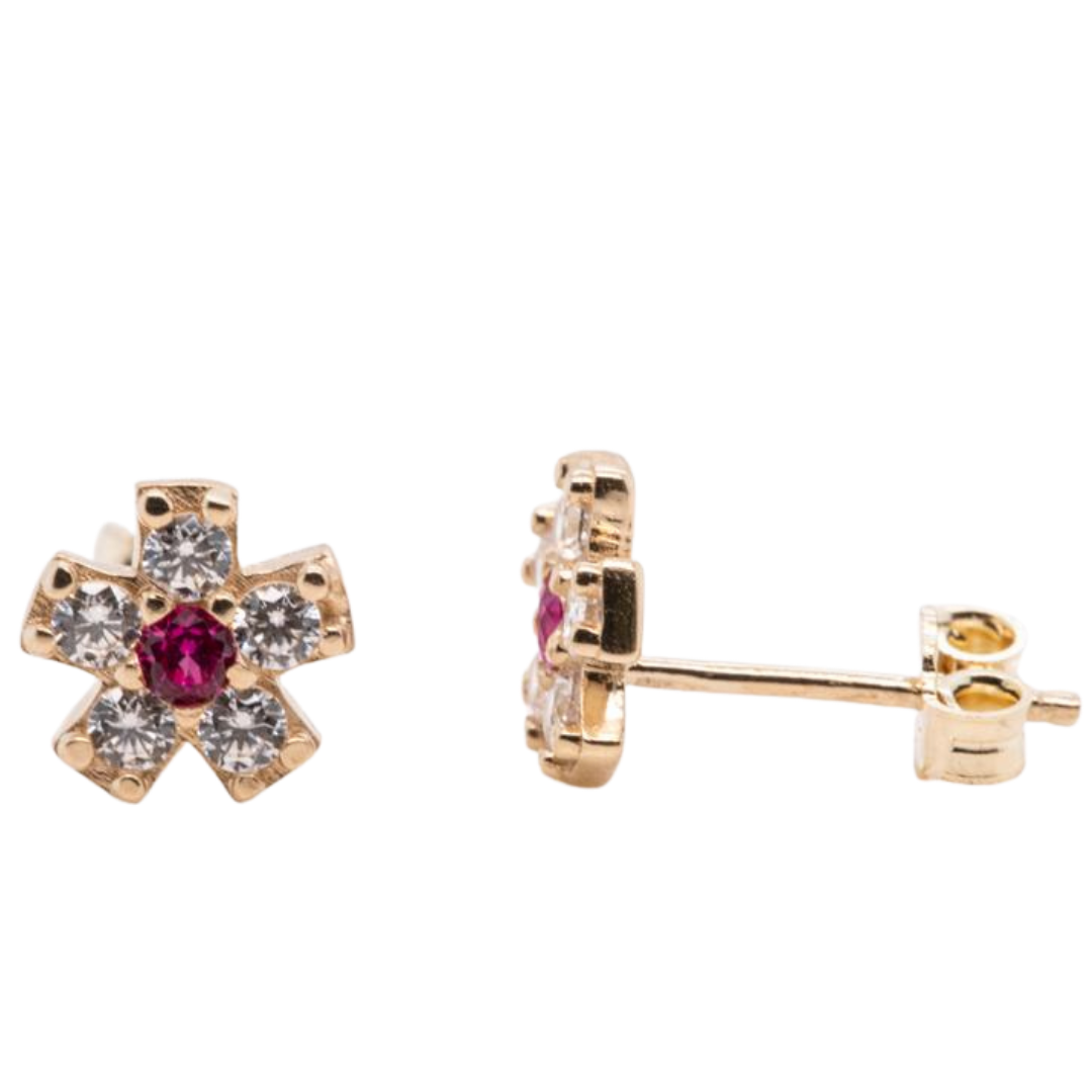 Ruby Colored CZ 14KT gold pushback earrings