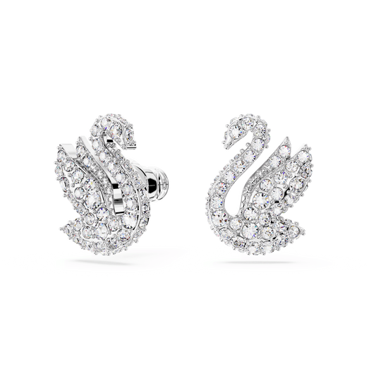Swan stud earrings, Swan, White, Rhodium plated 5647873