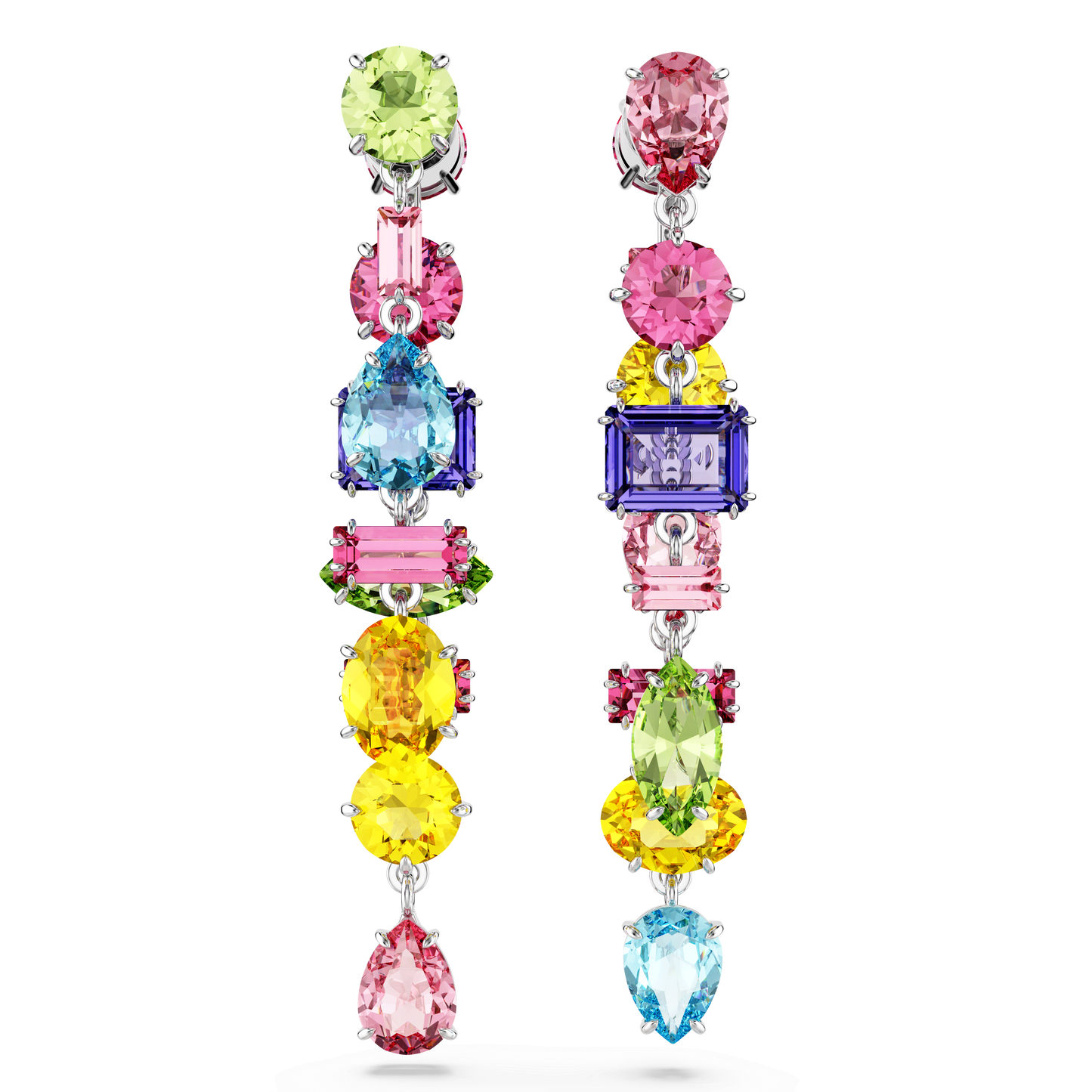 Gema drop earrings, Asymmetrical design, Mixed cuts, Long, Multicolored, Rhodium plated 5656417