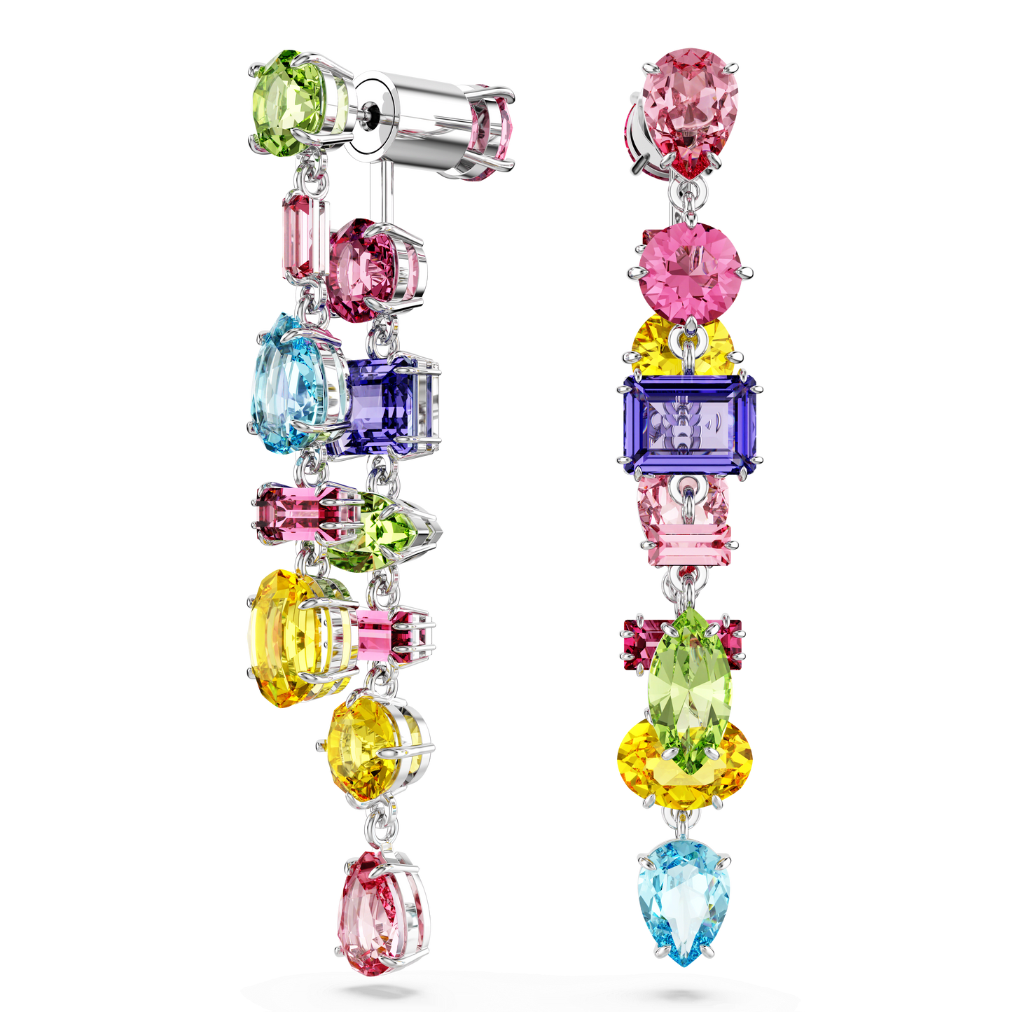 Gema drop earrings, Asymmetrical design, Mixed cuts, Long, Multicolored, Rhodium plated 5656417