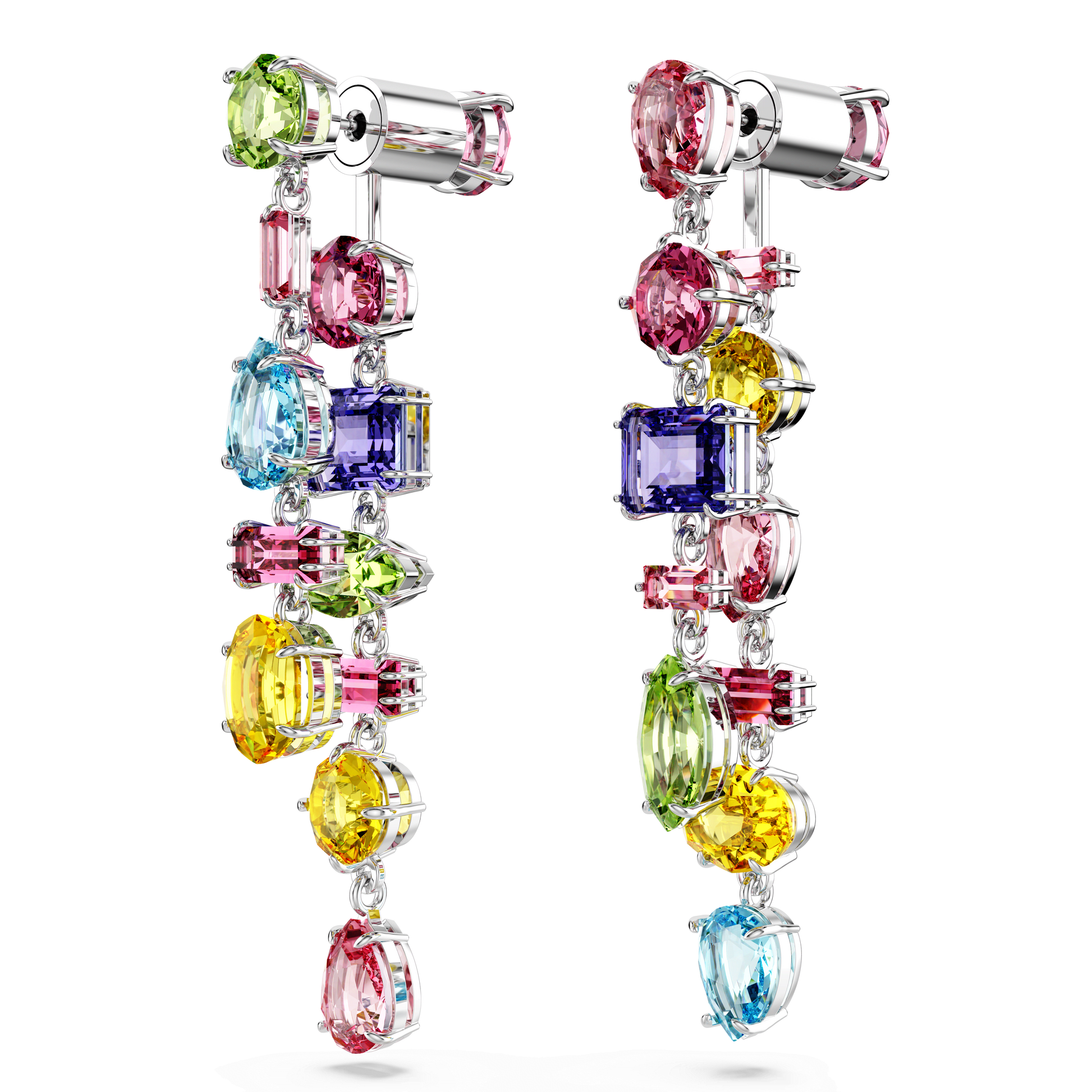 Gema drop earrings, Asymmetrical design, Mixed cuts, Long, Multicolored, Rhodium plated 5656417