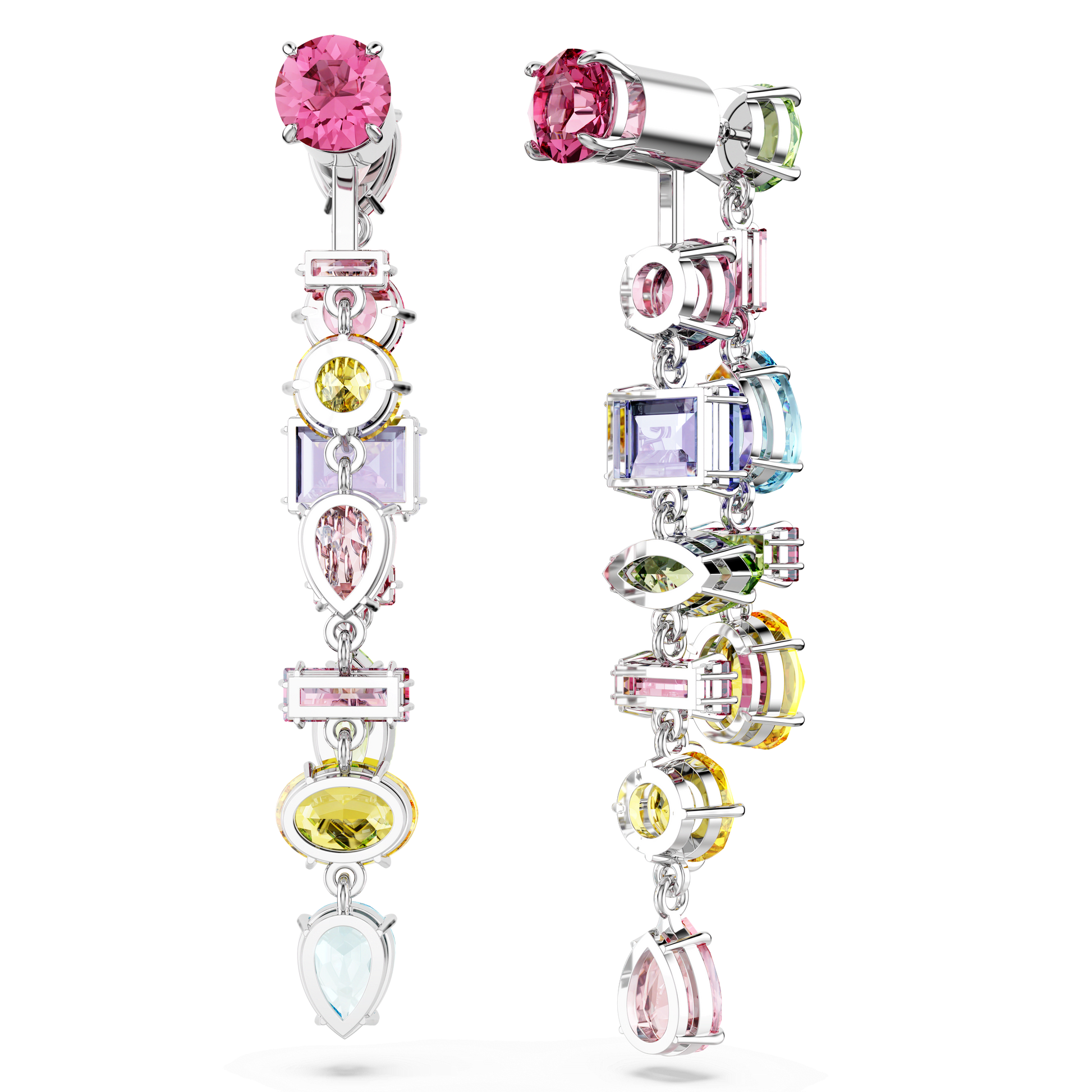 Gema drop earrings, Asymmetrical design, Mixed cuts, Long, Multicolored, Rhodium plated 5656417