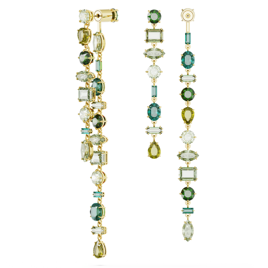 Gema drop earrings, Asymmetrical design, Mixed cuts, Extra long, Green, Gold-tone plated 5657390
