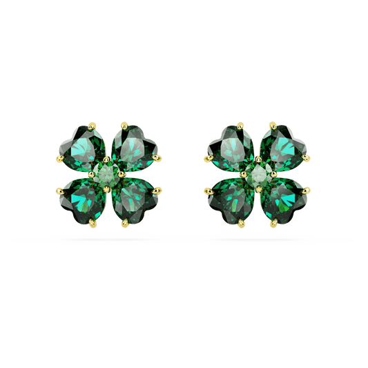 Idyllia stud earrings, Clover, Green, Gold-tone plated 5666236