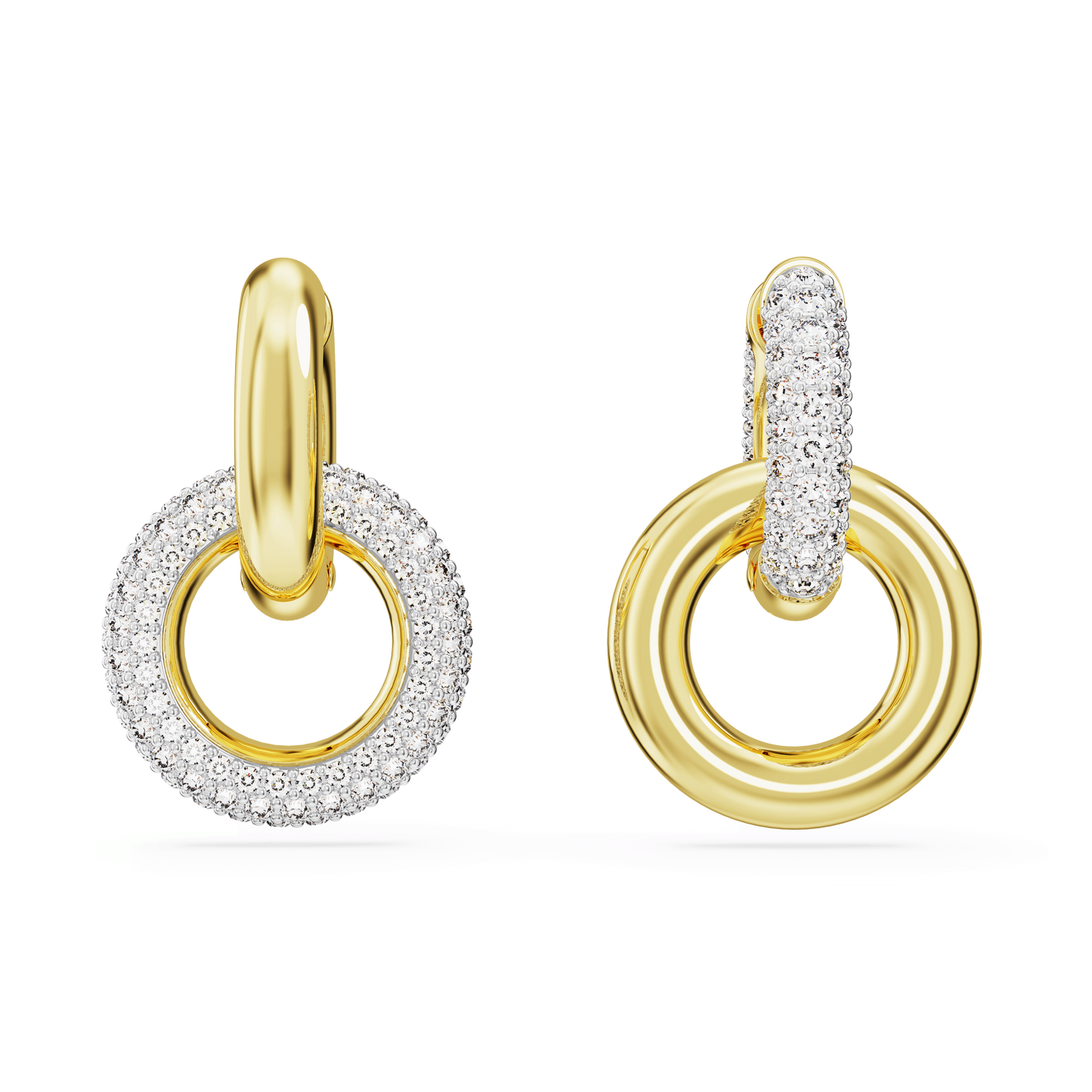 Dextera hoop earrings, Asymmetrical design, Interlocking loop, White, Gold-tone plated 5668818