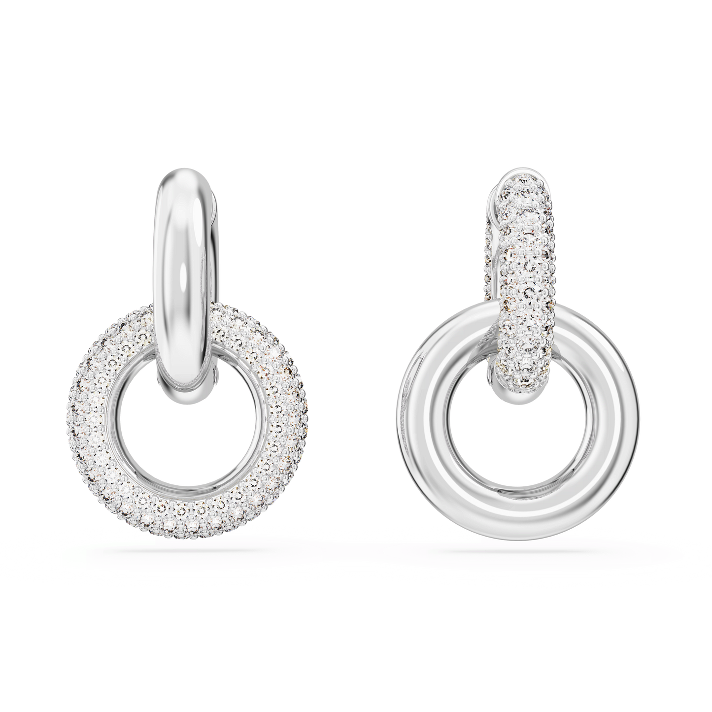 Dextera hoop earrings, Asymmetrical design, Interlocking loop, White, Rhodium plated 5671807
