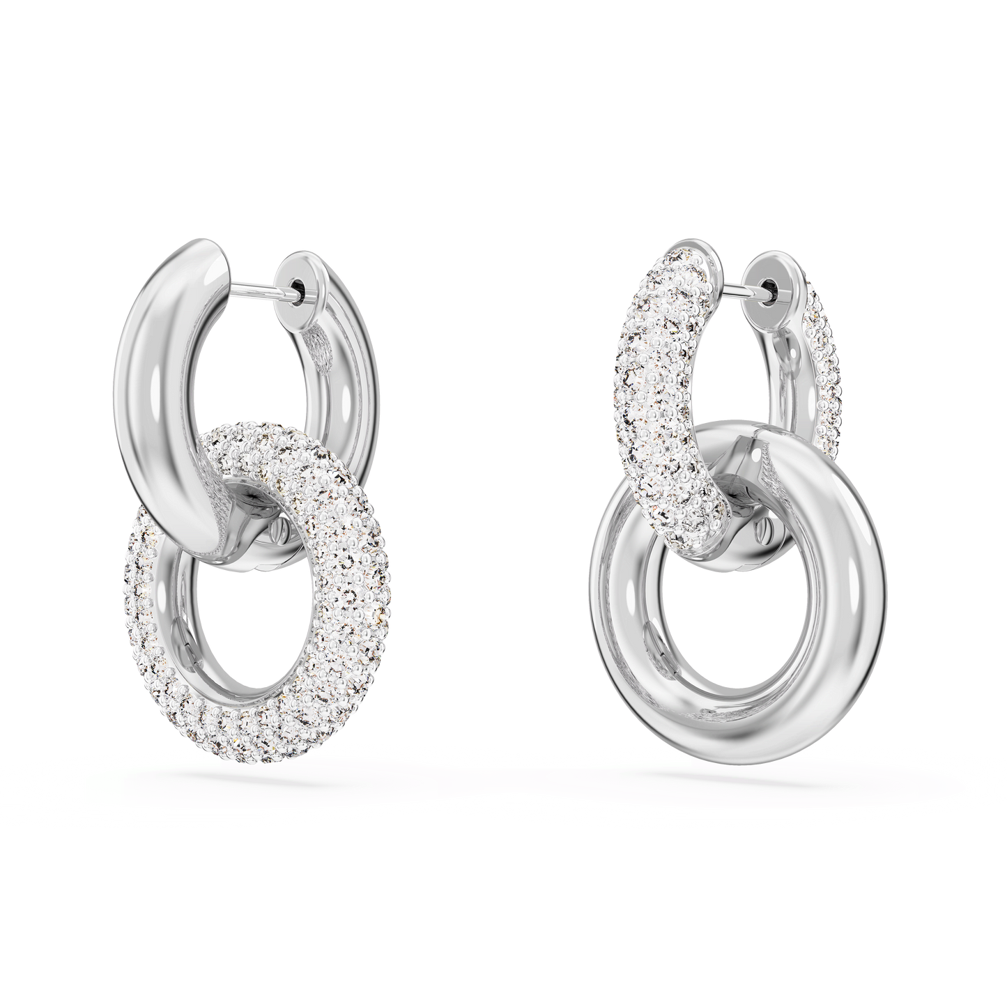 Dextera hoop earrings, Asymmetrical design, Interlocking loop, White, Rhodium plated 5671807