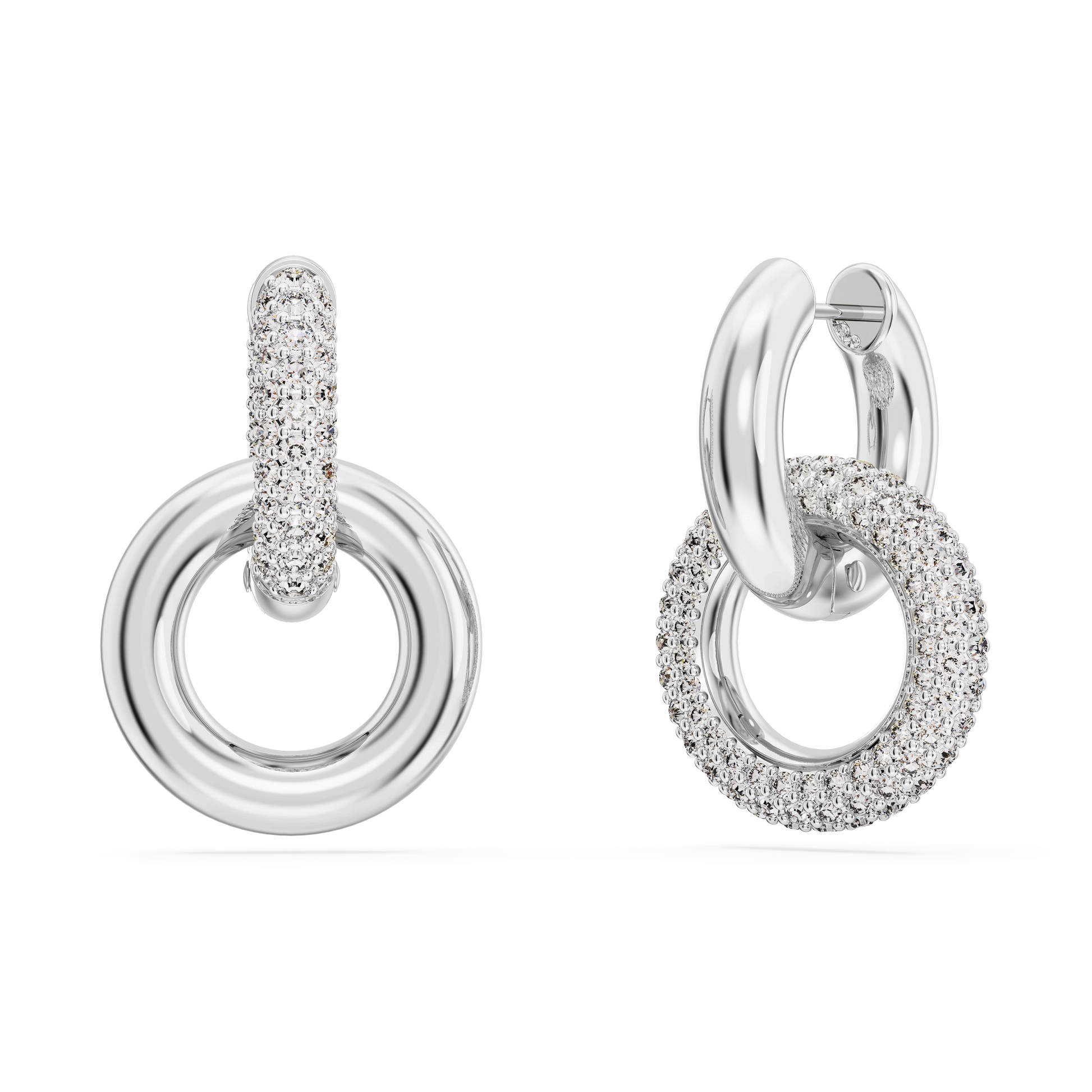 Dextera hoop earrings, Asymmetrical design, Interlocking loop, White, Rhodium plated 5671807