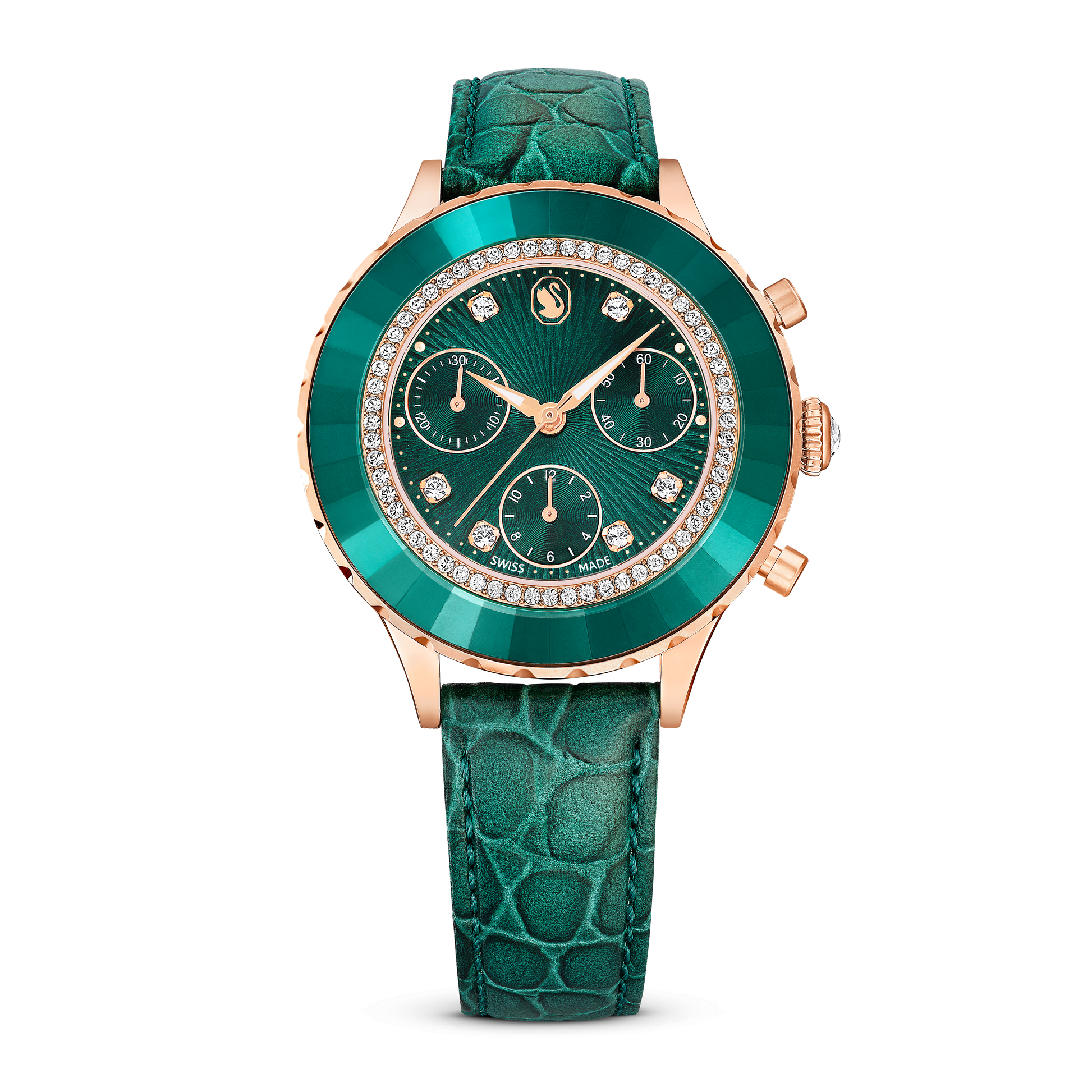 Octea chrono watch, Swiss Made, Leather strap, Green, Rose gold-tone finish 5672931