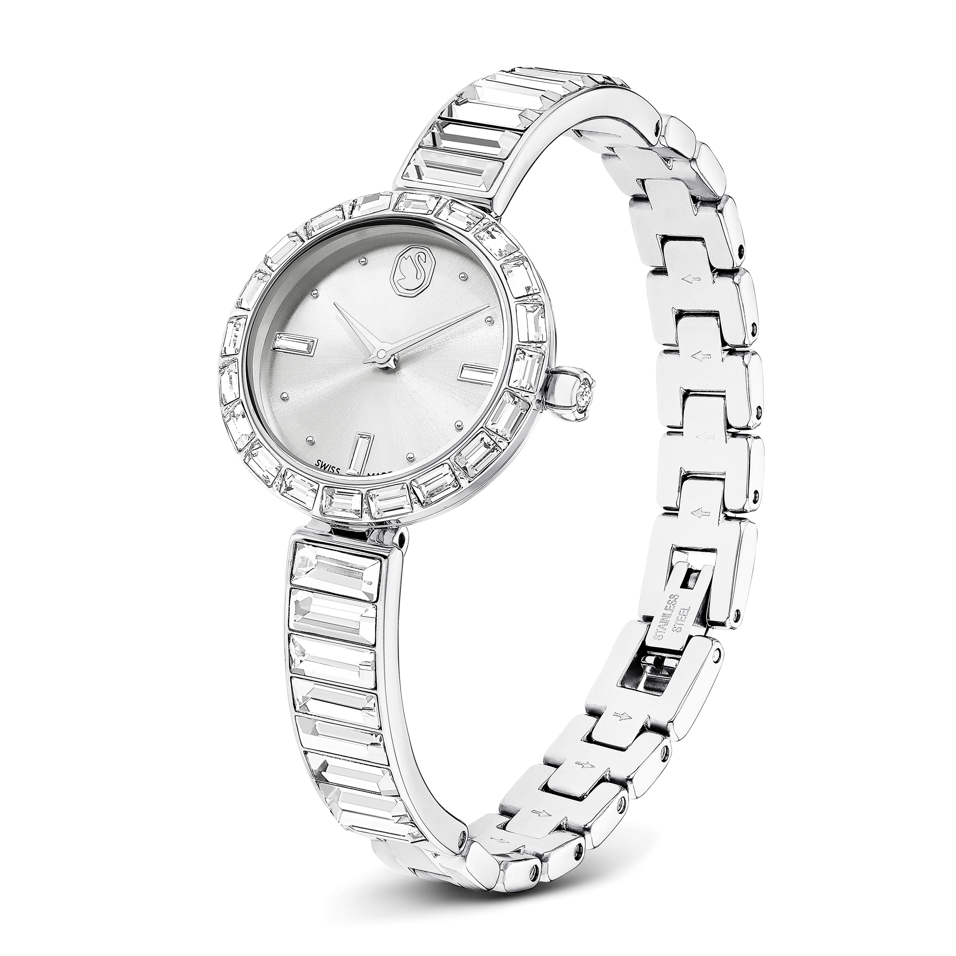 Matrix bangle watch, Swiss Made, Crystal bracelet, White, Stainless Steel 5677487