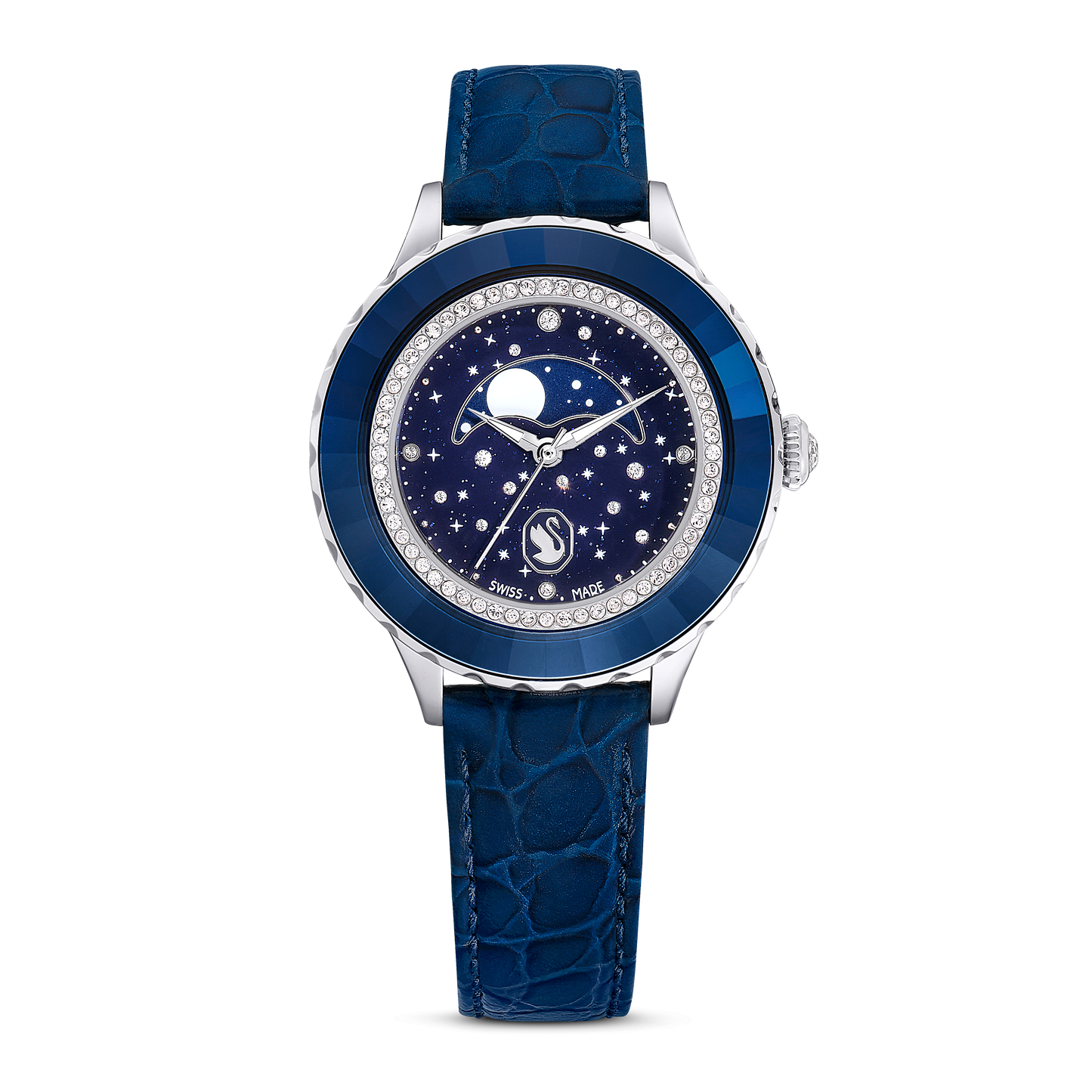 Octea moon watch, Swiss Made, Moon, Leather strap, Blue, Stainless steel 5677494