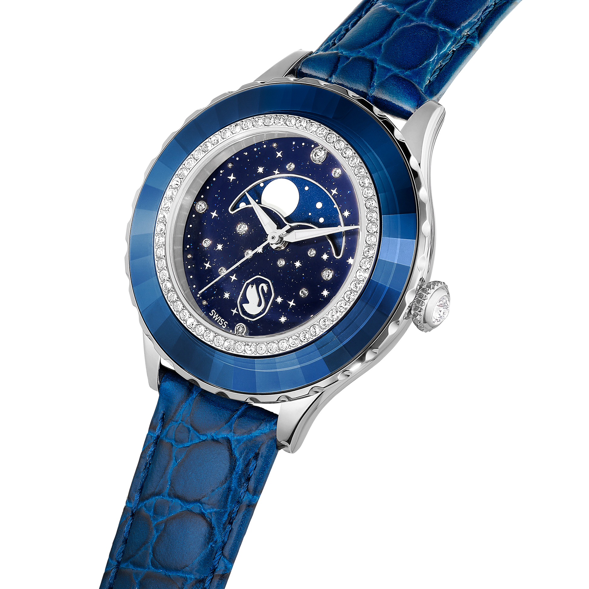 Octea moon watch, Swiss Made, Moon, Leather strap, Blue, Stainless steel 5677494