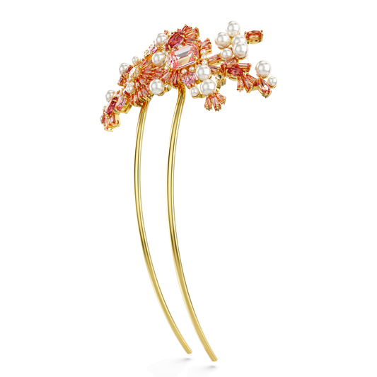 Gema hair clip, Crystal pearl, Mixed cuts, Flower, Pink, Gold-tone plated 5689051