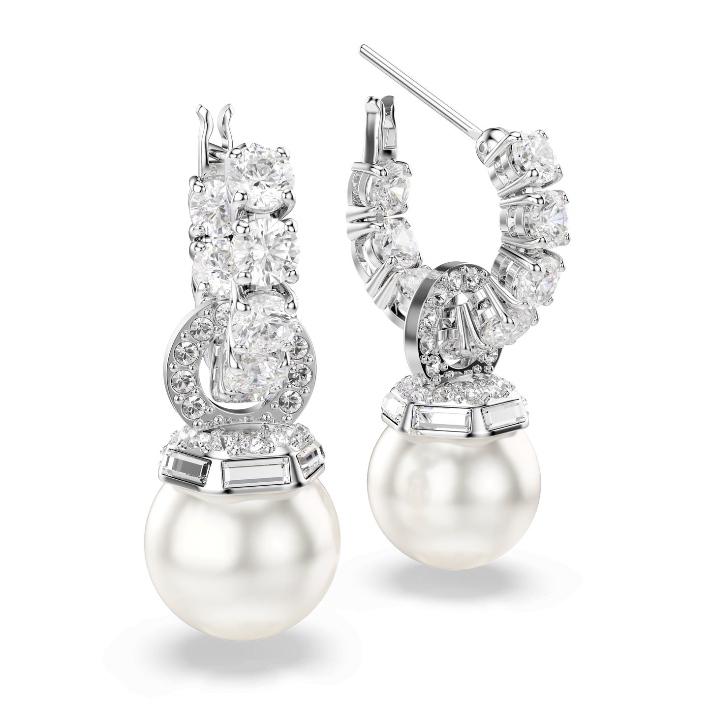 Matrix drop earrings, Crystal pearl, Round cut, White, Rhodium plated 5691716