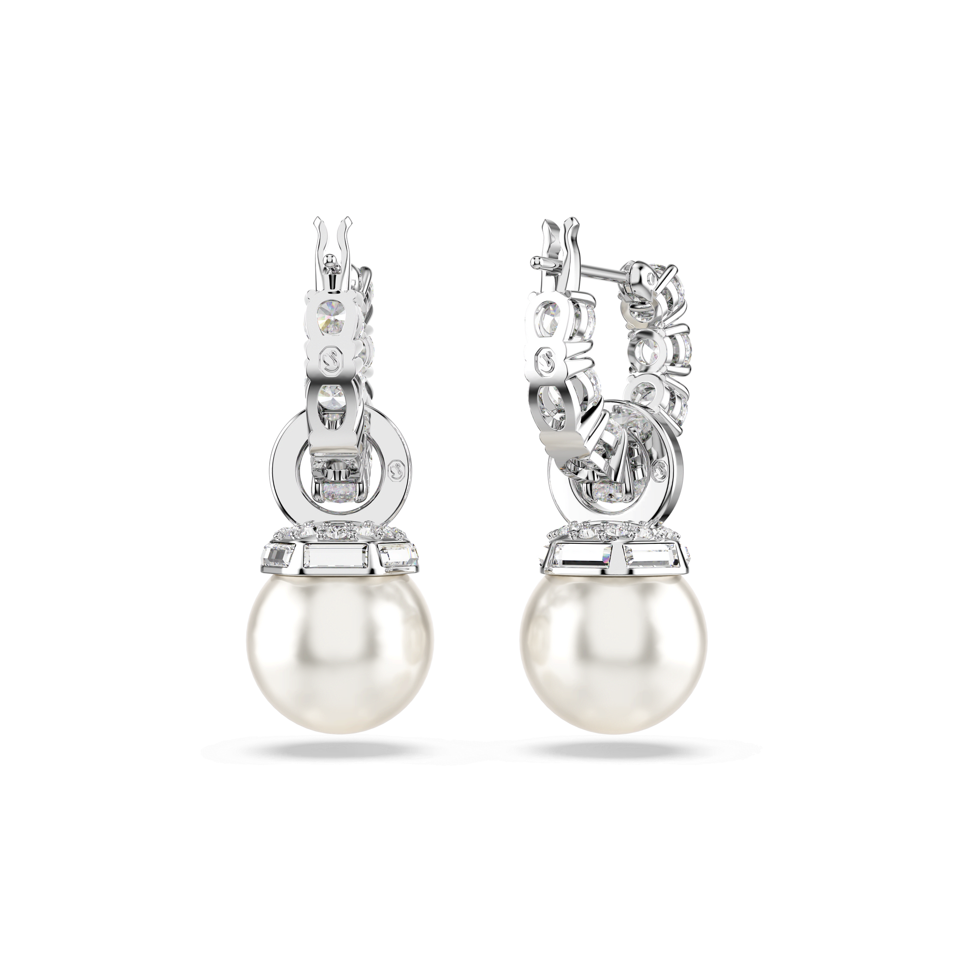 Matrix drop earrings, Crystal pearl, Round cut, White, Rhodium plated 5691716
