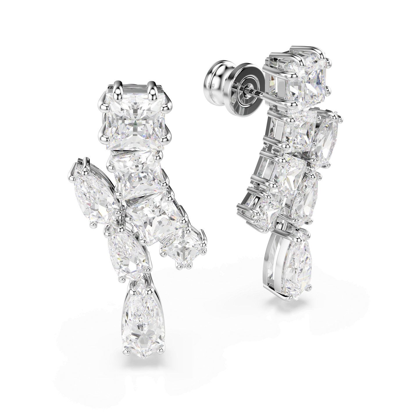Matrix drop earrings, Mixed cuts, White, Rhodium plated 5700418