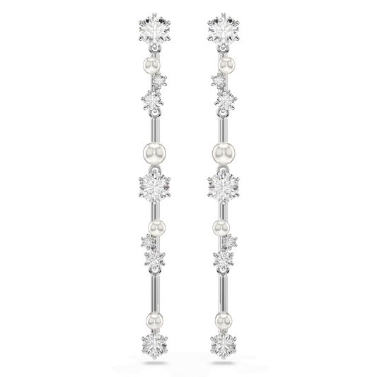 Constella drop earrings, Crystal pearl, Round cuts, White, Rhodium plated 5705614
