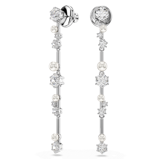 Constella drop earrings, Crystal pearl, Round cuts, White, Rhodium plated 5705614