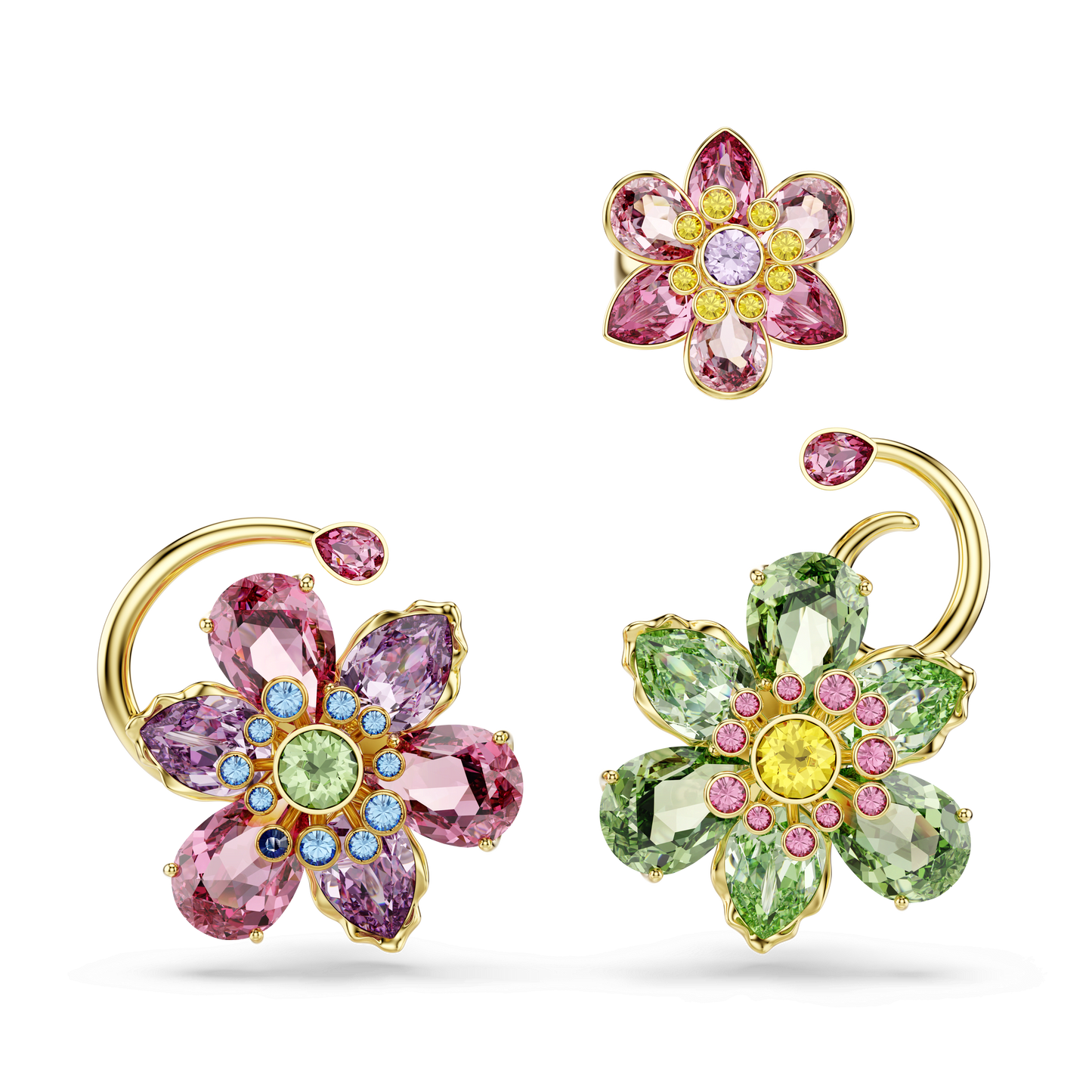Idyllia ear cuff, Set (3), Asymmetrical design, Mixed cuts, Flower, Multicolored, Gold-tone plated 5709026