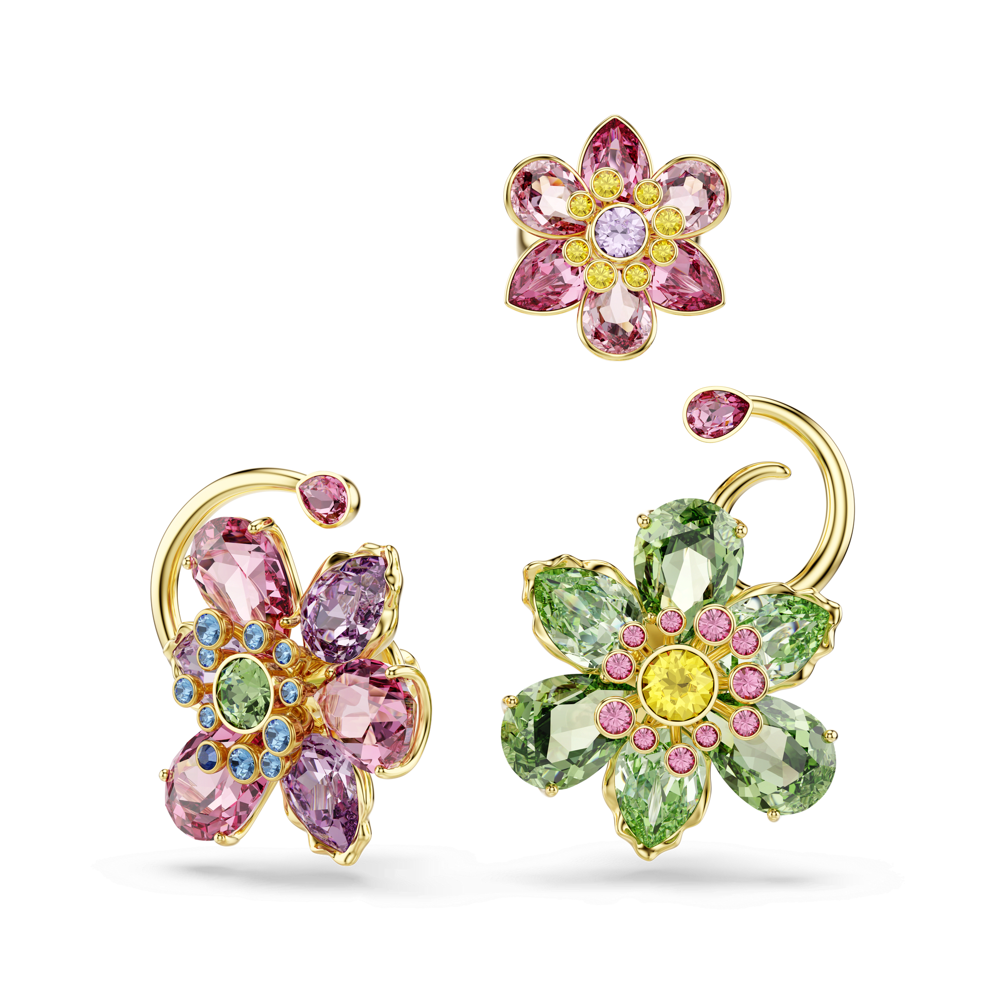 Idyllia ear cuff, Set (3), Asymmetrical design, Mixed cuts, Flower, Multicolored, Gold-tone plated 5709026