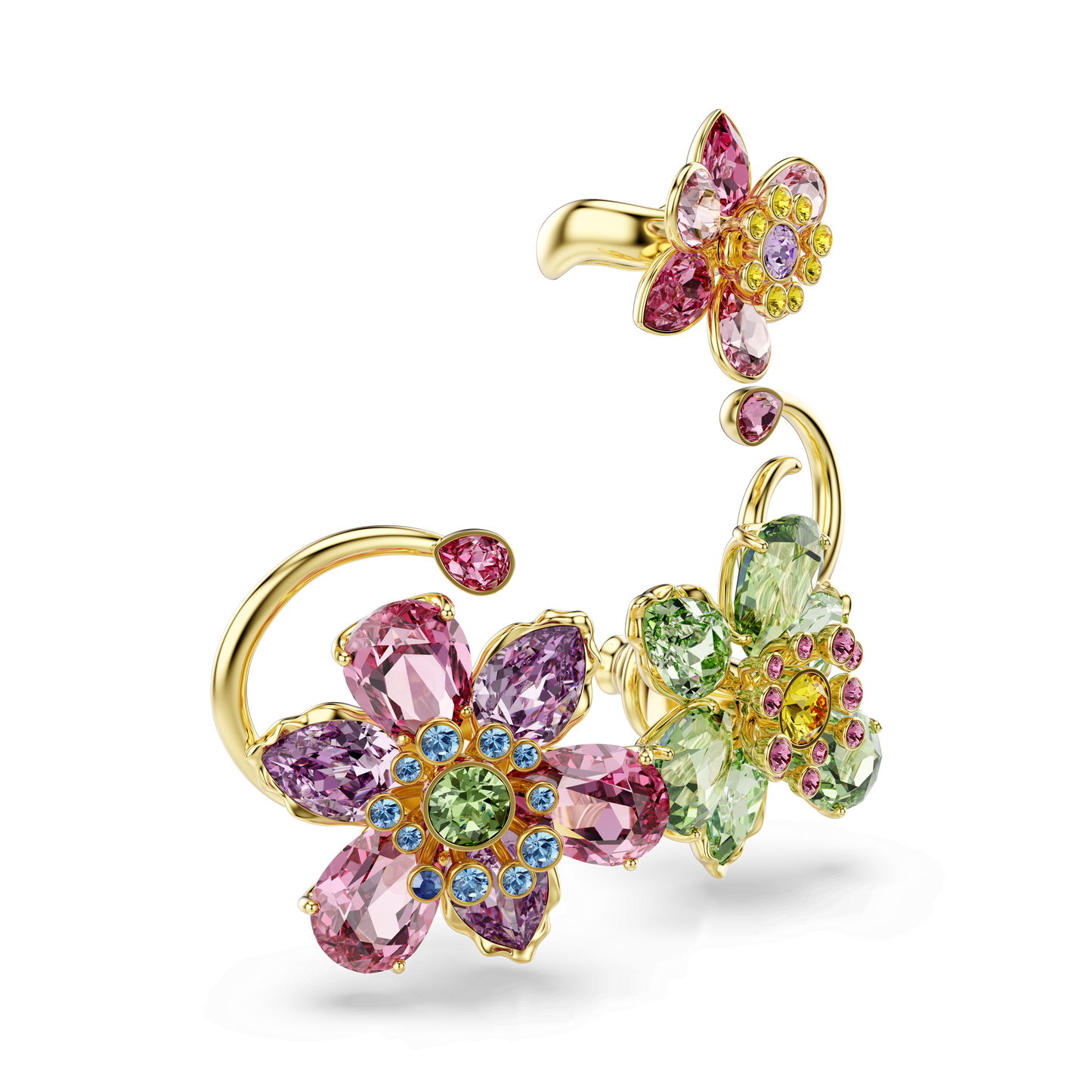 Idyllia ear cuff, Set (3), Asymmetrical design, Mixed cuts, Flower, Multicolored, Gold-tone plated 5709026