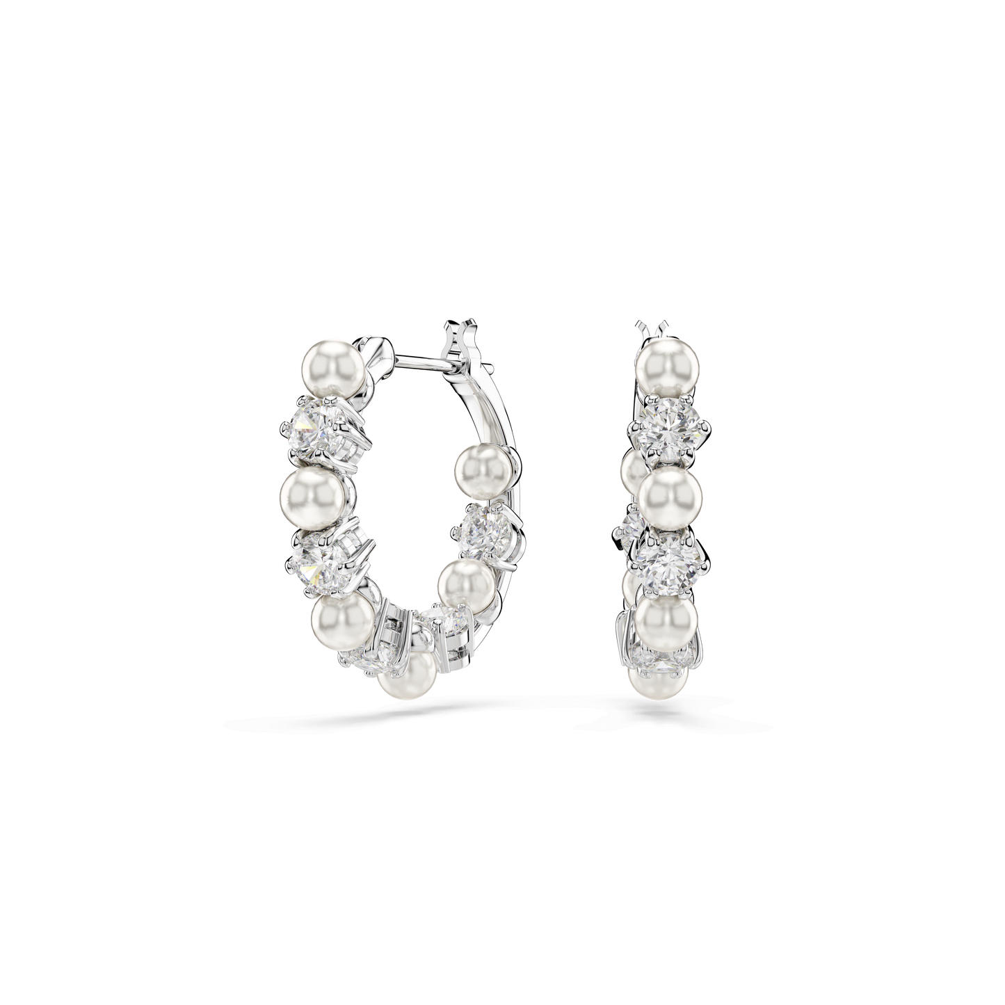 Matrix hoop earrings, Crystal pearl, Round cut, White, Rhodium plated 5709256