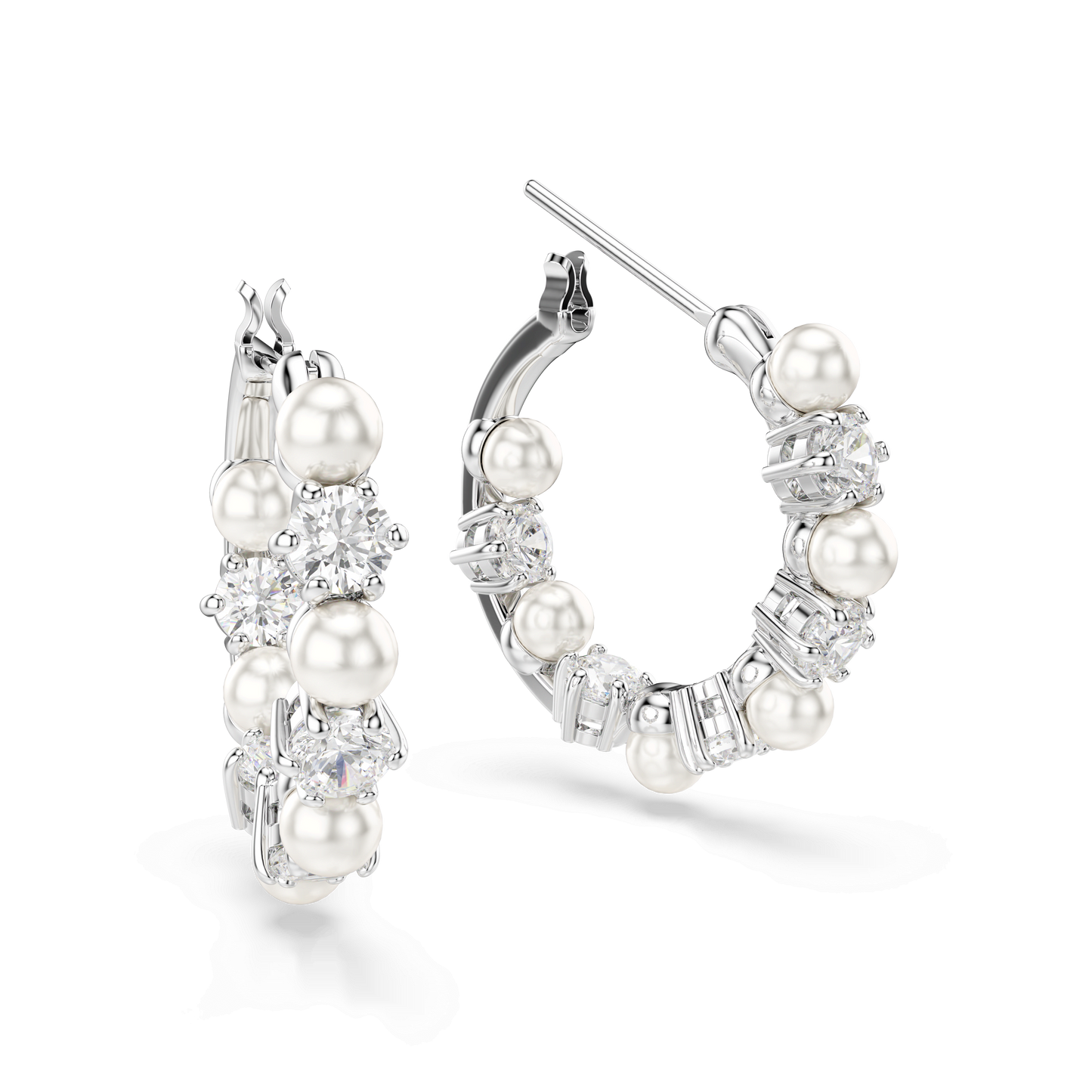 Matrix hoop earrings, Crystal pearl, Round cut, White, Rhodium plated 5709256